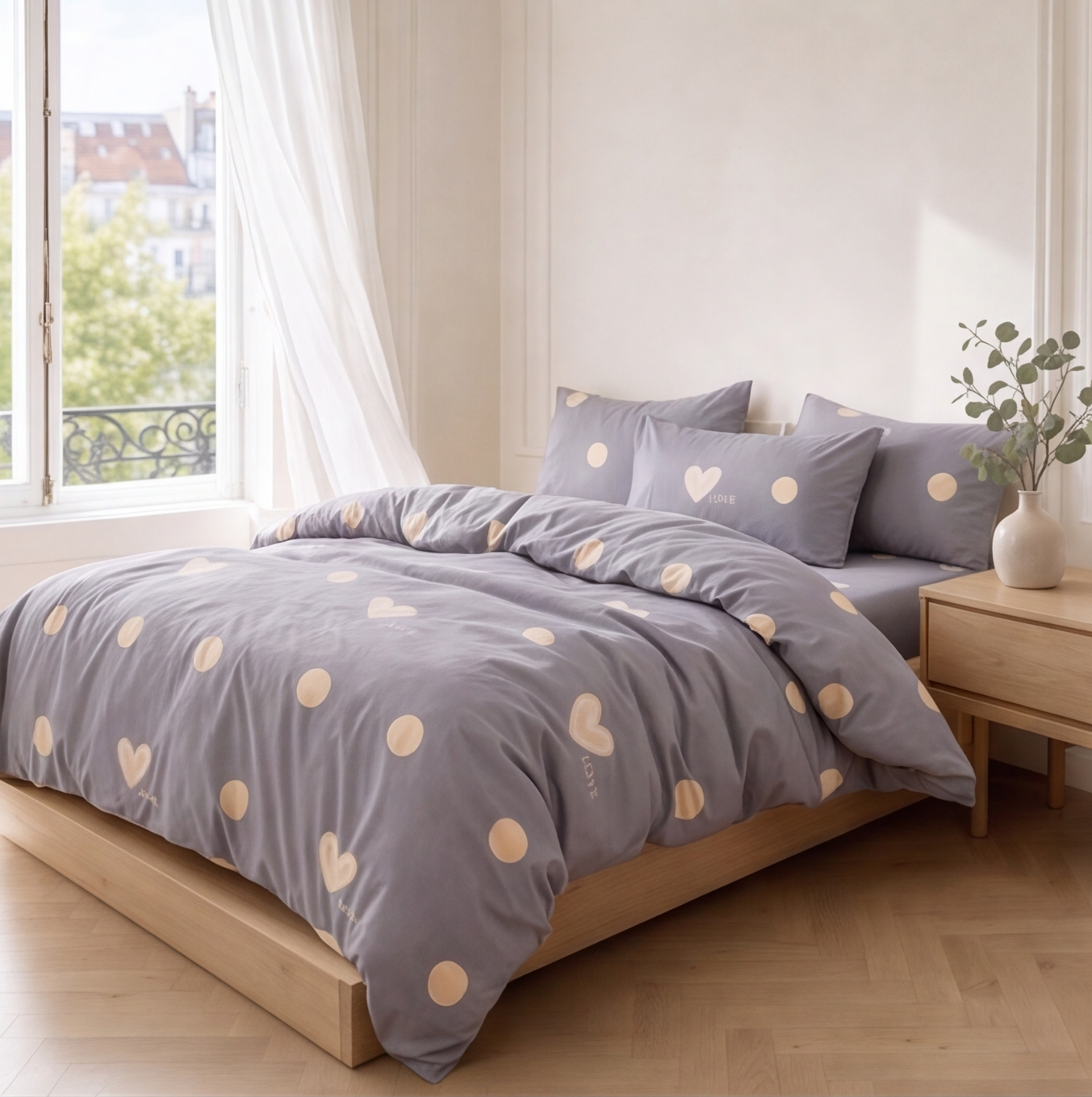 Parure en percale de coton Love Perle – ambiance fenêtre lumière douce