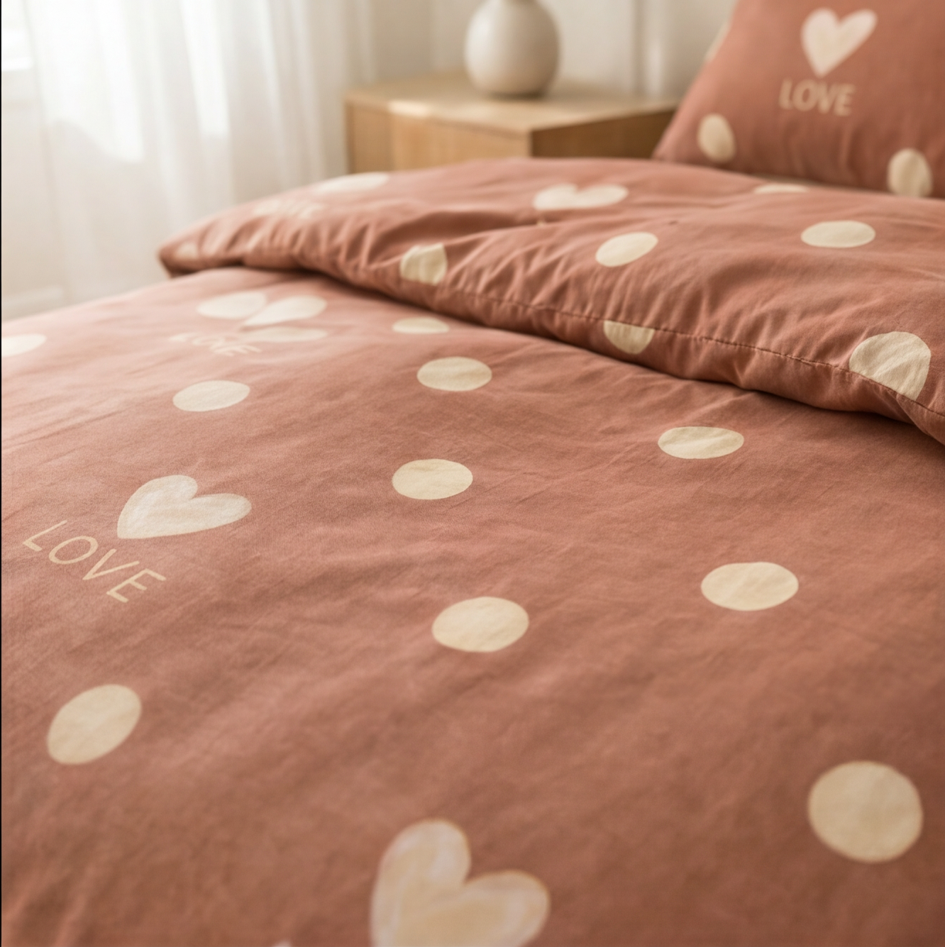 Parure en percale de coton Love Terracotta – détail couette linge de lit premium