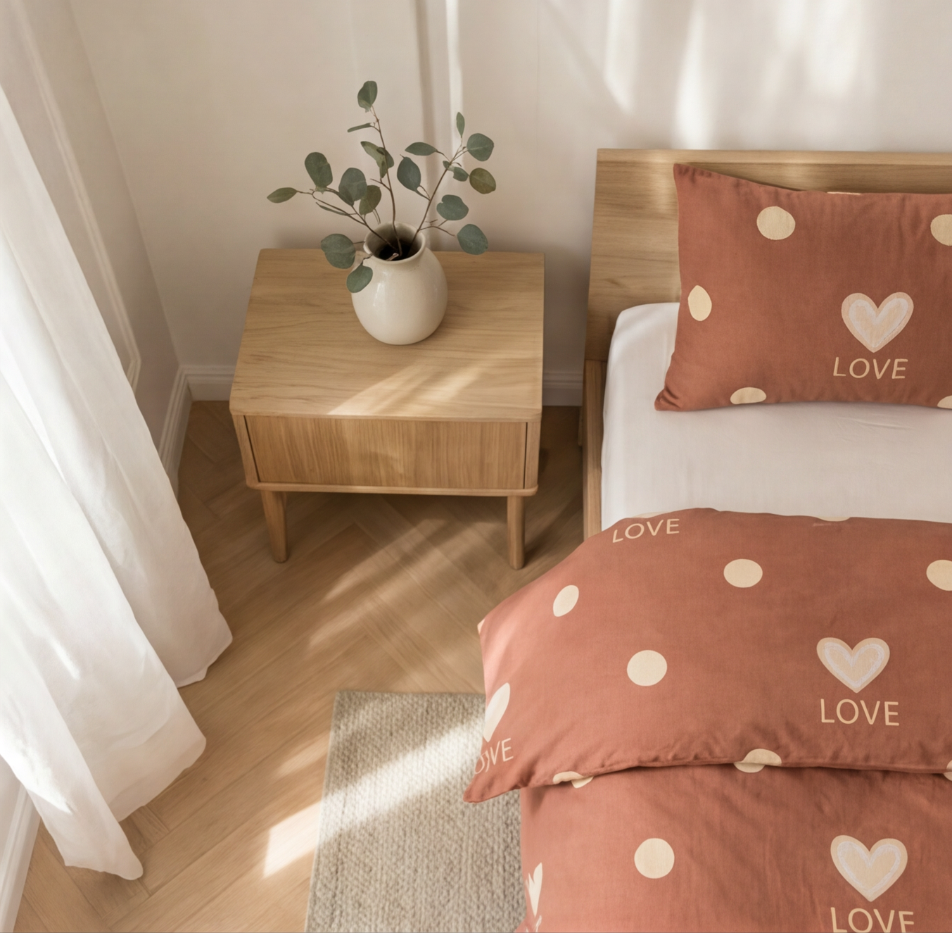Parure en percale de coton Love Terracotta – vue chevet ambiance intime