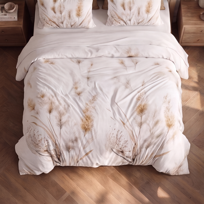 Parure en polycoton 78 fils/cm² avec housse de couette et taies d’oreiller, confortable et résistante, design moderne et entretien facile.