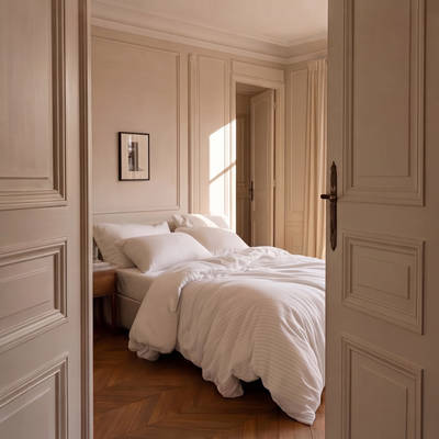 Parure de lit satin premium rayures élégantes en coton fin tissage satin douceur soyeuse