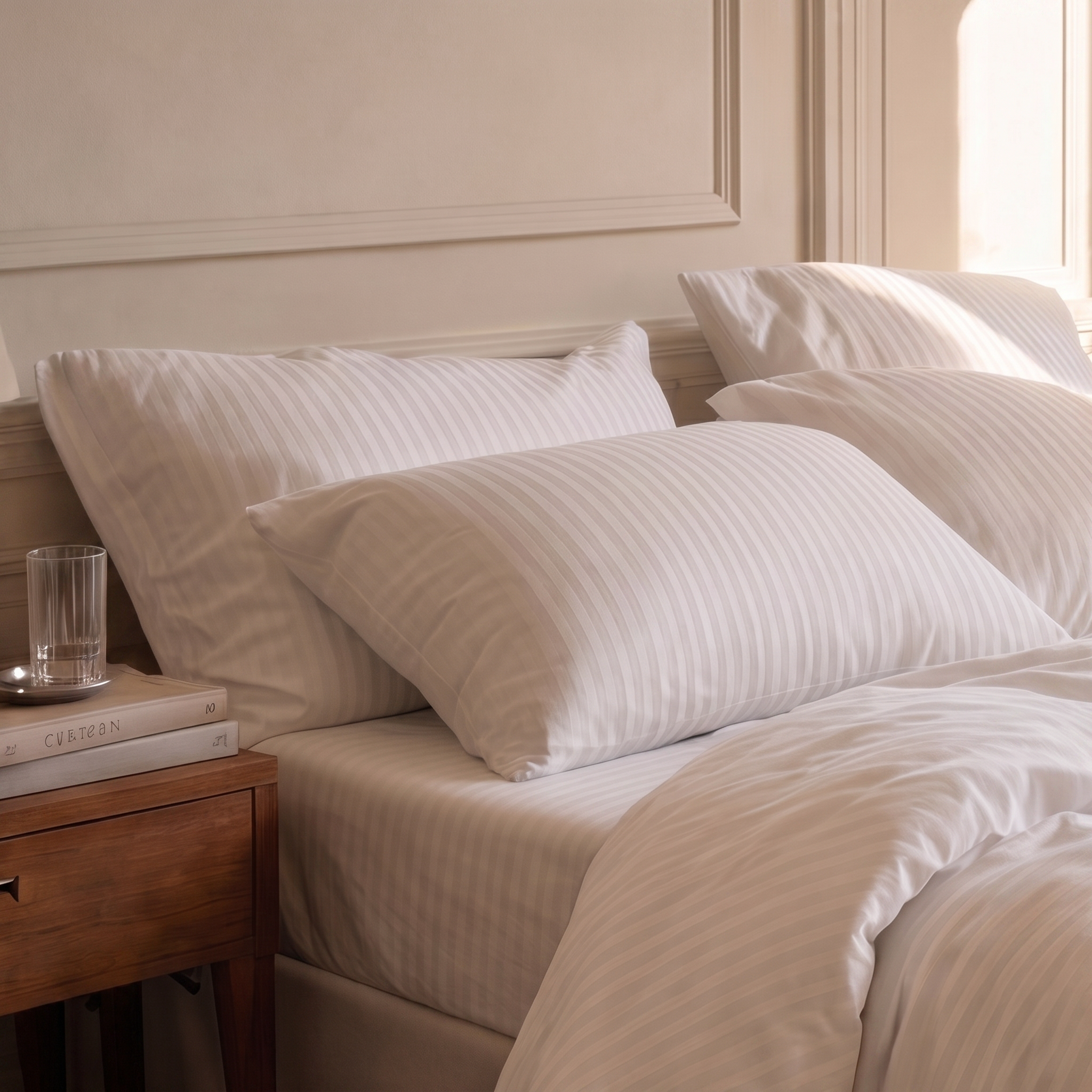 Parure en satin de coton premium avec rayures élégantes, housse de couette et taies d’oreiller soyeuses et raffinées