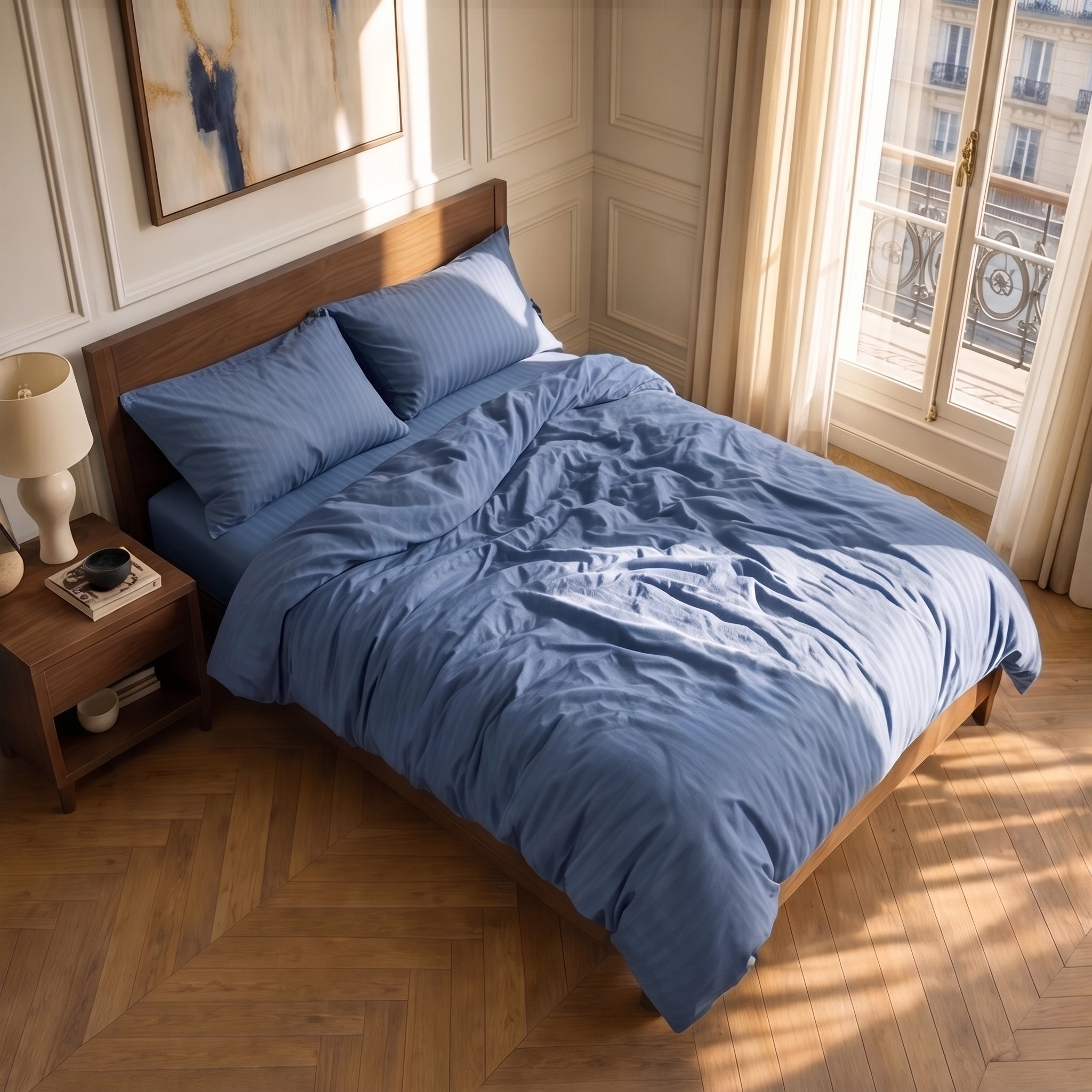 Parure de lit satin premium avec housse de couette et taies d’oreiller rayées élégantes en satin de coton soyeux.