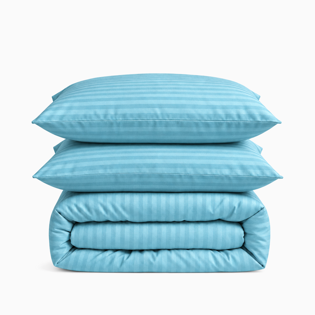 Parure de lit satin de coton rayures Bleu Ciel – Maison Textile
