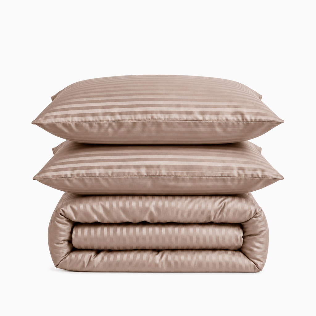 Parure de lit satin de coton rayures Crème Cappuccino – Maison Textile