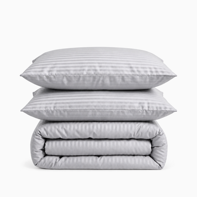 Parure de lit satin de coton rayures Gris Brume – Maison Textile