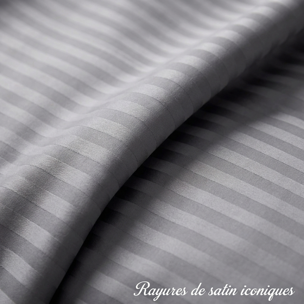 Parure de lit satin premium aux rayures élégantes en satin de coton soyeux.