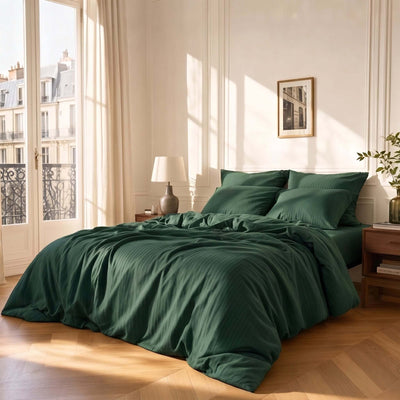 Draps plats en satin de coton – Parure vert émeraude – Linge de lit haut de gamme - Maison Textile