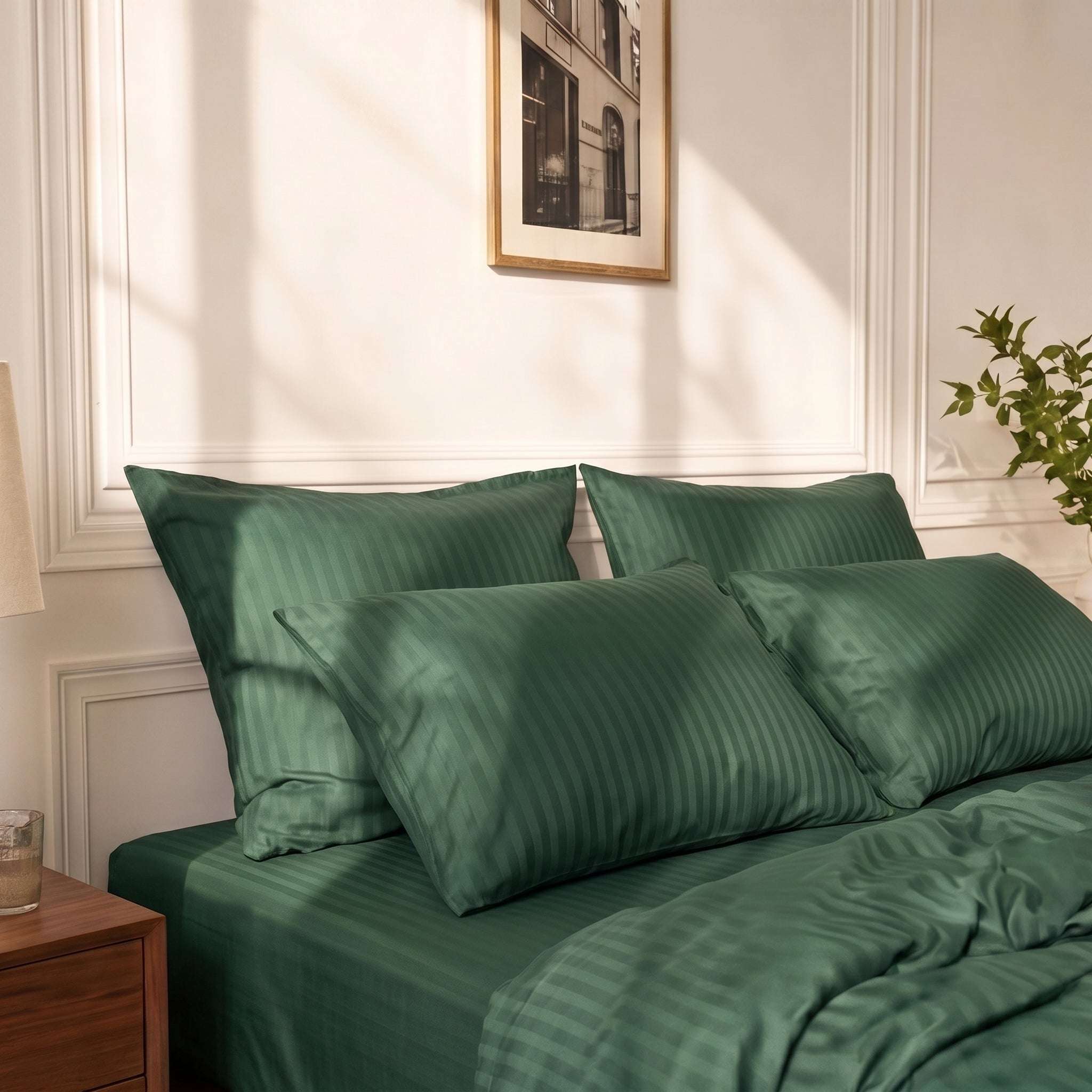 Parure de lit satin rayures élégantes en coton soyeux et lustre subtil