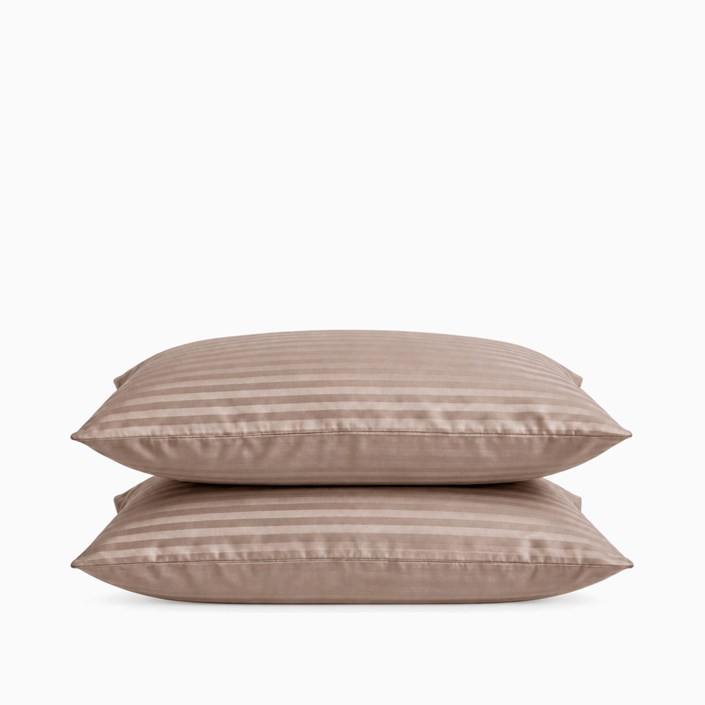 Taies d’oreiller satin de coton rayures Crème Cappuccino – Maison Textile