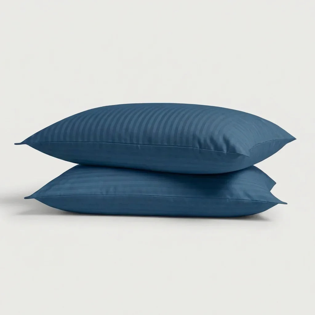 Taies d'oreiller satin de coton - Rayures satinées en Bleu Océan – - MaisonTextile