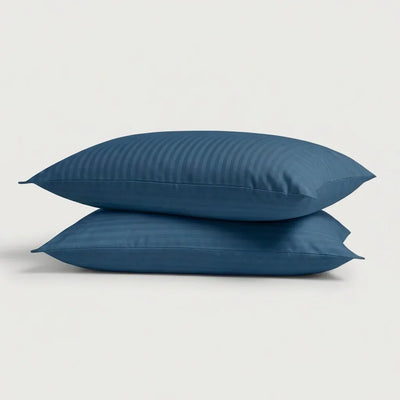 Taies d'oreiller satin de coton - Rayures satinées en Bleu Océan – - MaisonTextile